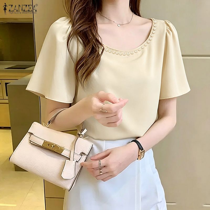 Summer De Clothing - ZANZEA Women's Elegant Blouses Pearls Detailed