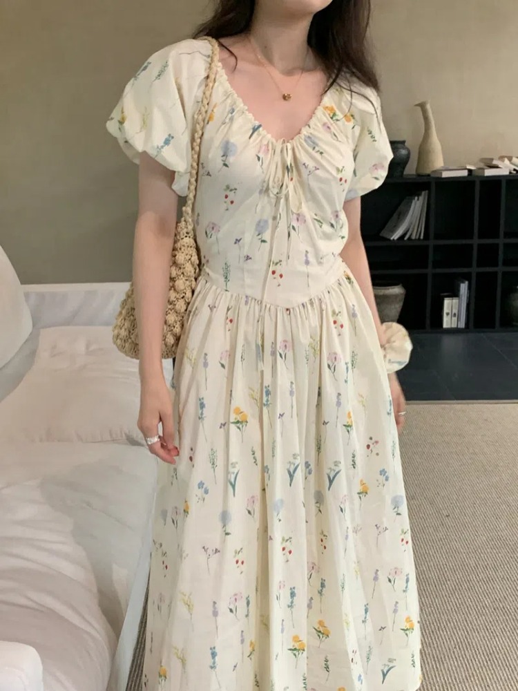 Sundress Midi Floral - Vintage V Neck Puff Sleeve Long