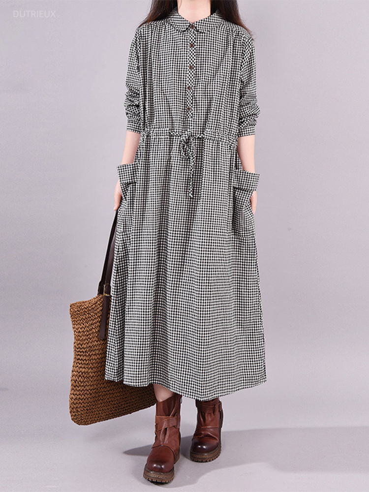 Summer Clothing Drawing - Fashion Vintage Dress Plaid Draw String