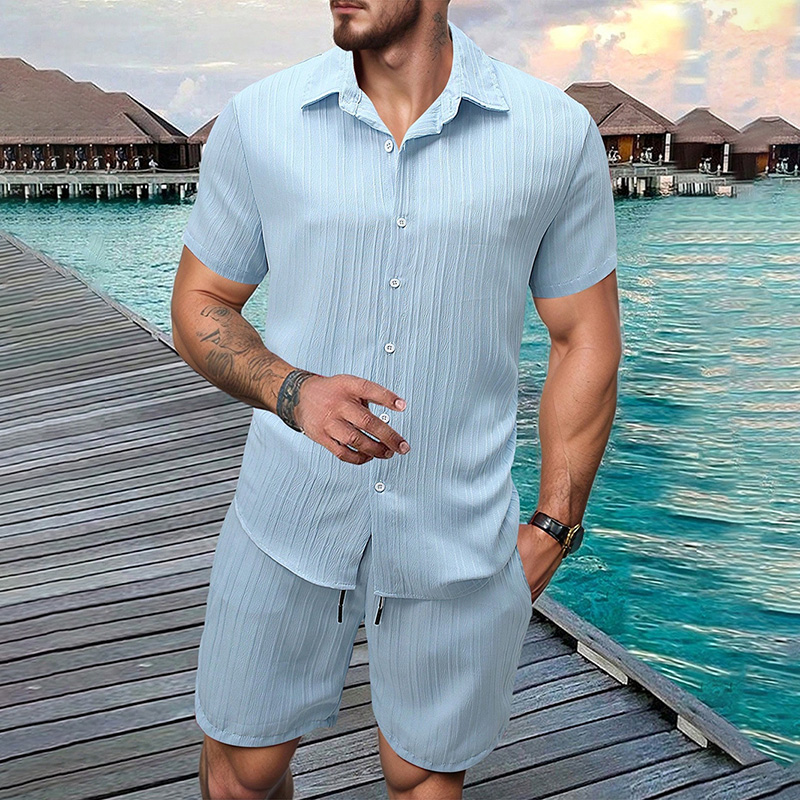 Summer Clothing Sets Men - 2026 New Men Vertical Wrinkle Lapel