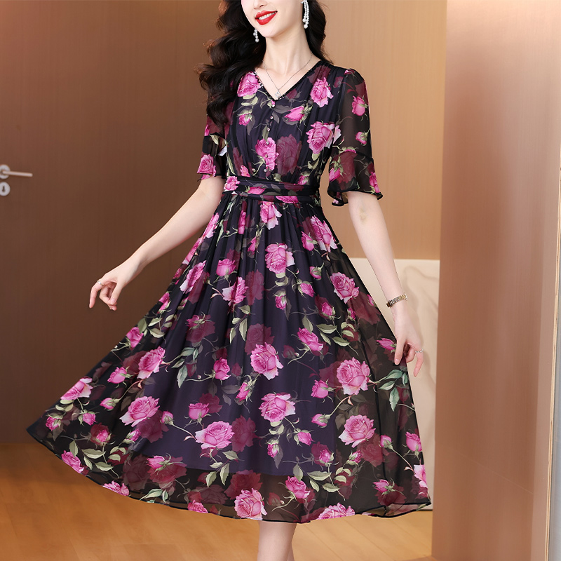 Sundress Midi Floral - Women Boho Floral Chiffon V-Neck Midi