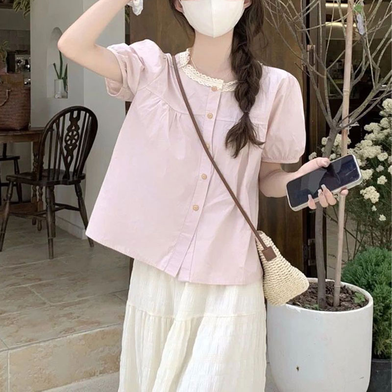 Summer Clothing In French - Fashionable Lace Spliced Shirts Summer Sweet