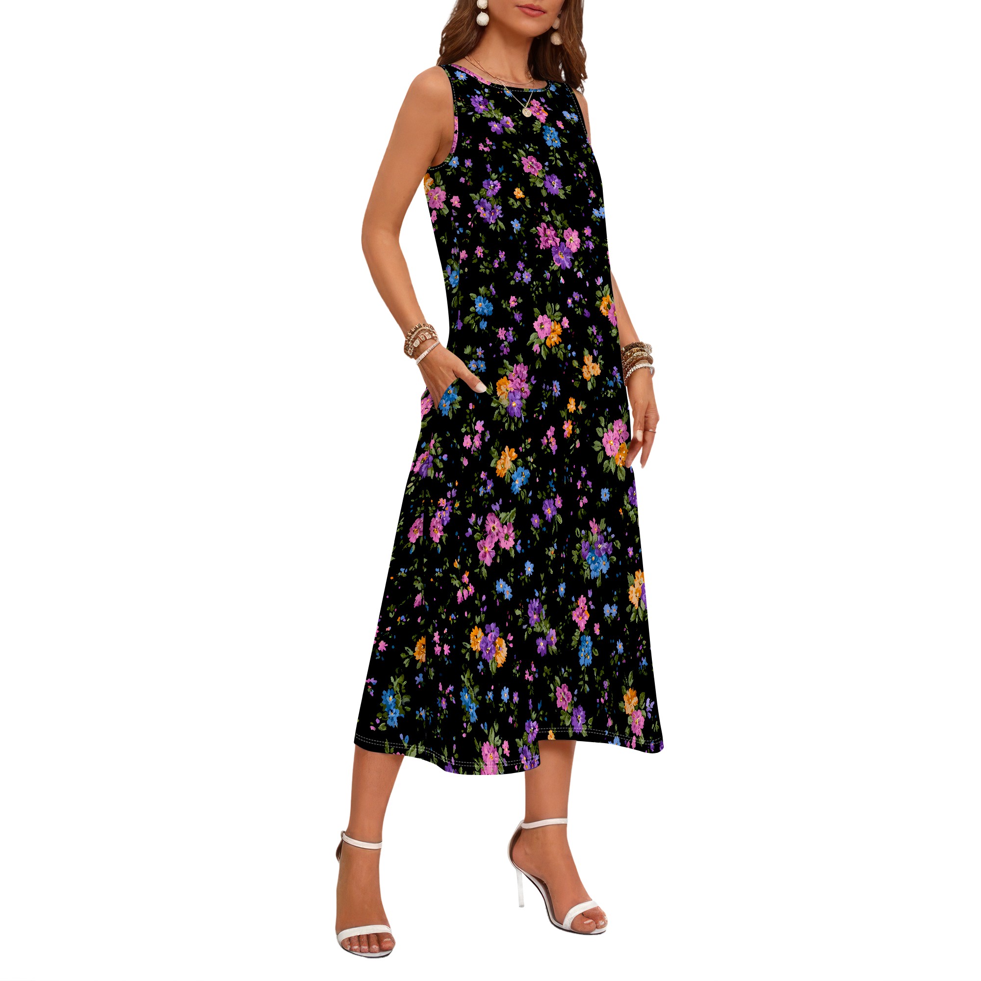 Floral Print Sleeveless Dress, - Sundress Midi Floral 评论和价格