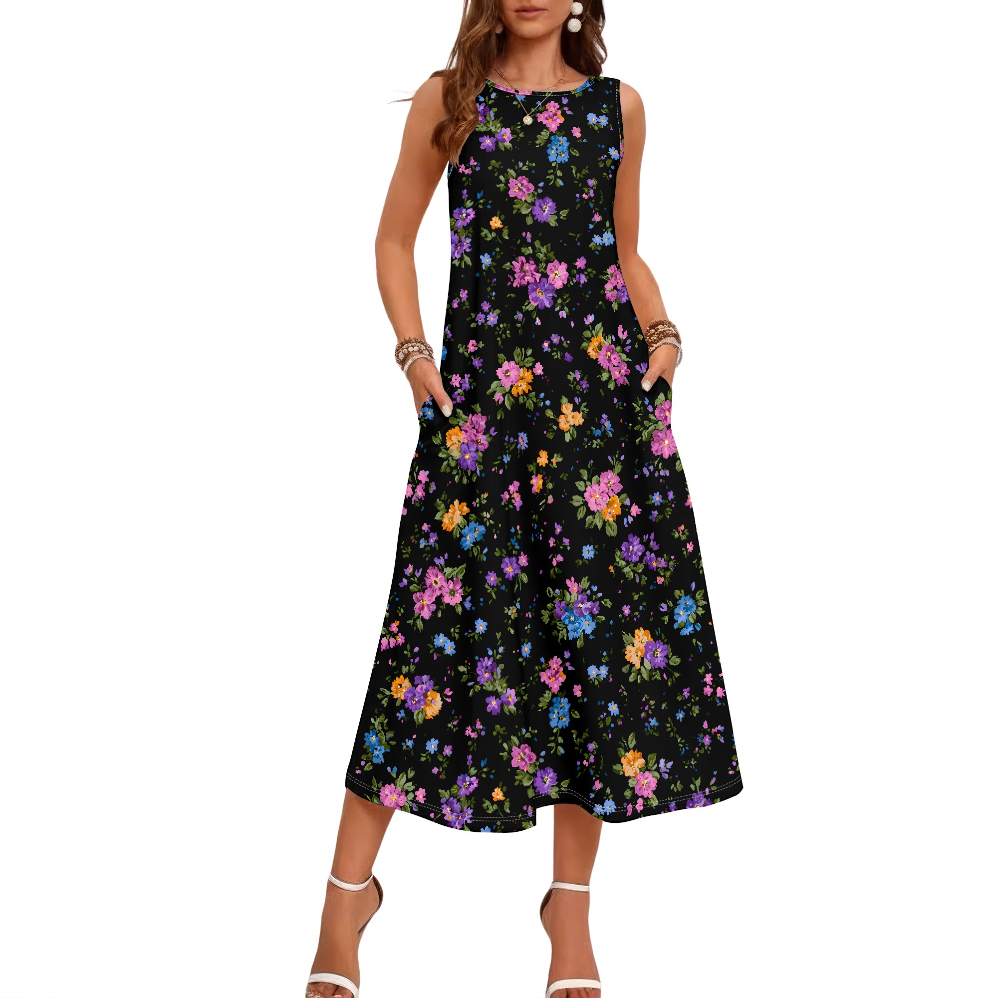 Floral Print Sleeveless Dress, - Sundress Midi Floral 评论和价格