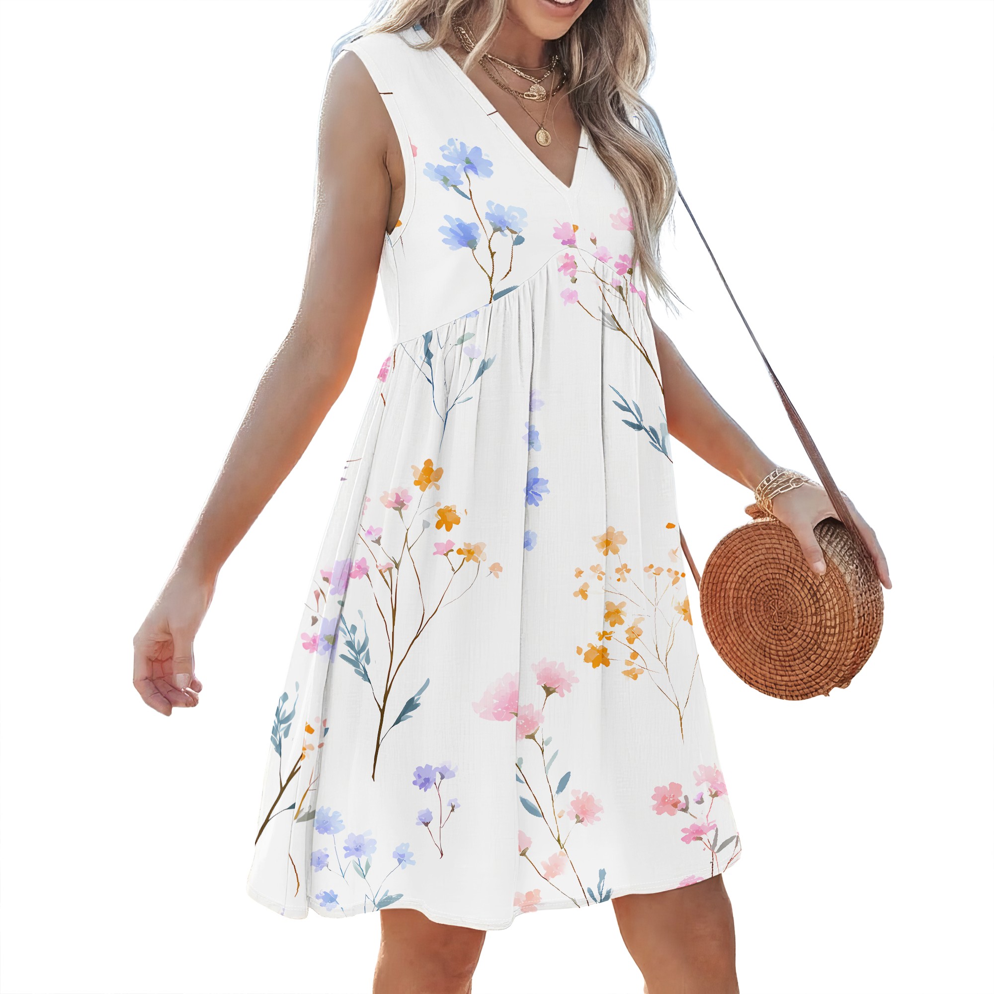 Floral Print, Sleeveless Dress - Sundress Midi Floral 评论和价格