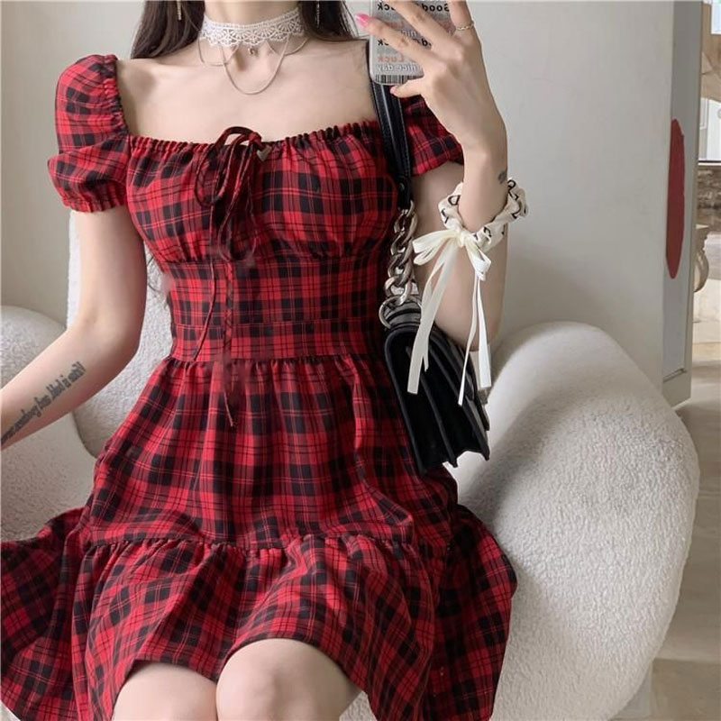 Red Plaid Mini Dress Women's C - Summer Clothing Drawing 评论和价格