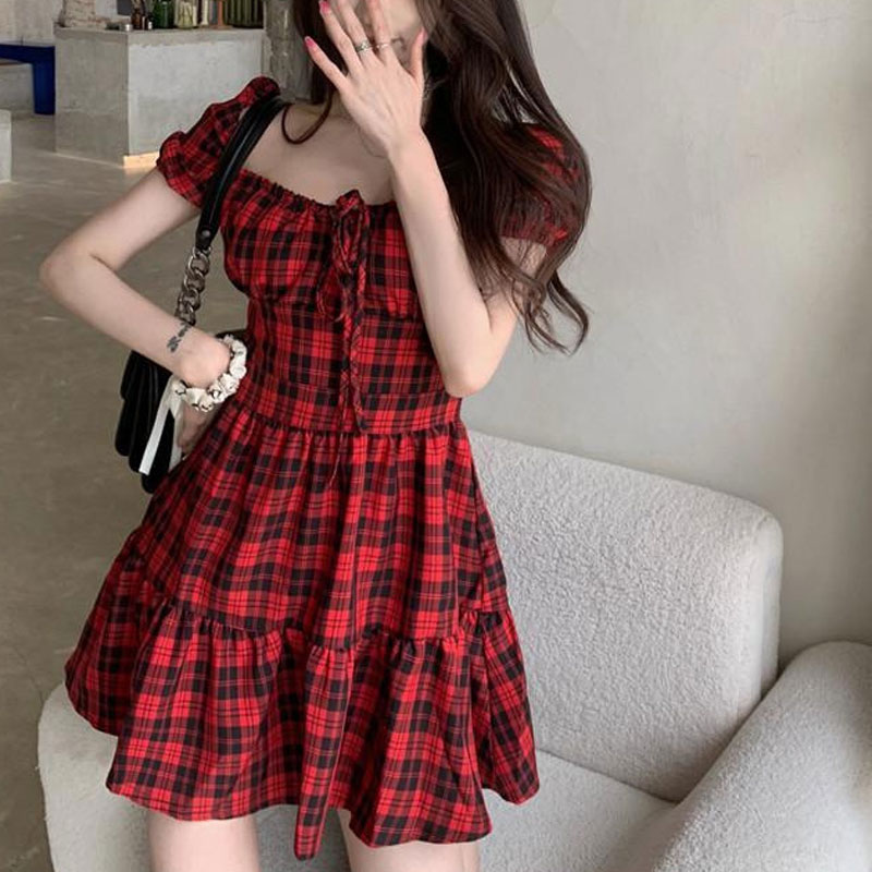 Red Plaid Mini Dress Women's C - Summer Clothing Drawing 评论和价格
