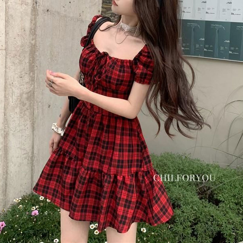 Red Plaid Mini Dress Women's C - Summer Clothing Drawing 评论和价格