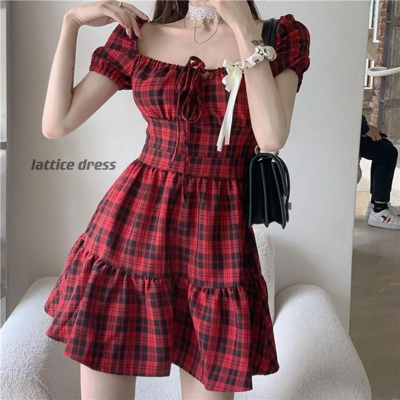 Red Plaid Mini Dress Women's C - Summer Clothing Drawing 评论和价格