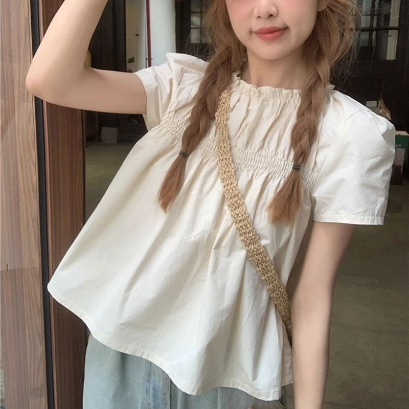 Shirring Solid Color Shirts Fe - Summer Clothing In French 评论和价格