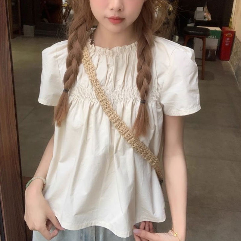 Shirring Solid Color Shirts Fe - Summer Clothing In French 评论和价格