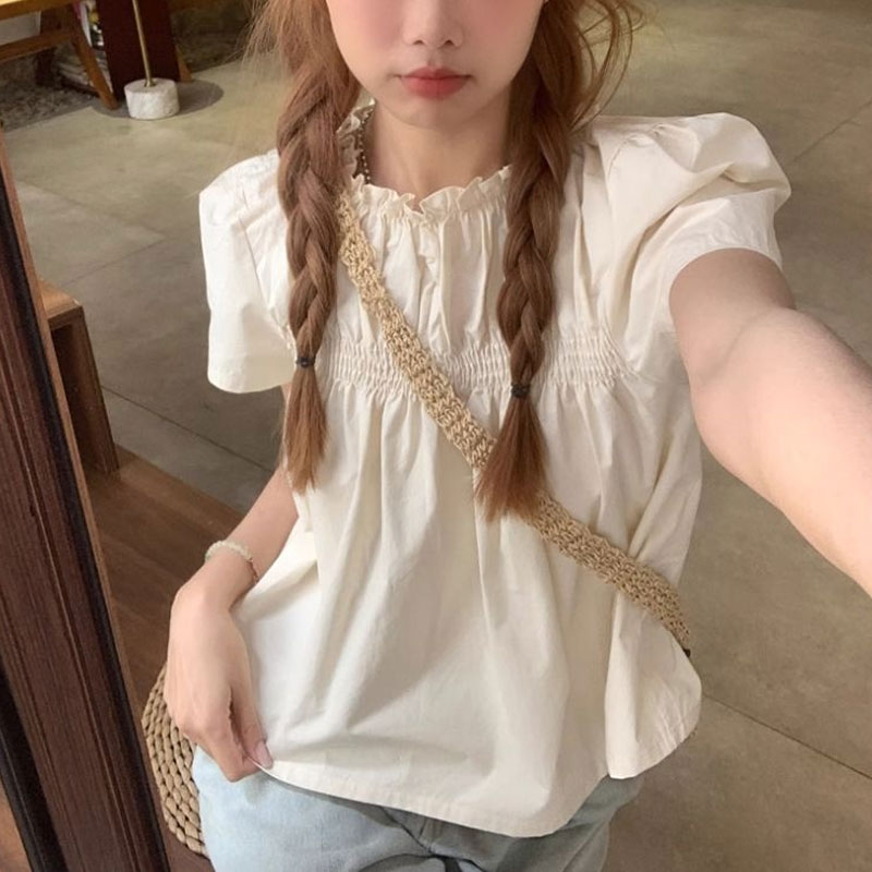 Shirring Solid Color Shirts Fe - Summer Clothing In French 评论和价格