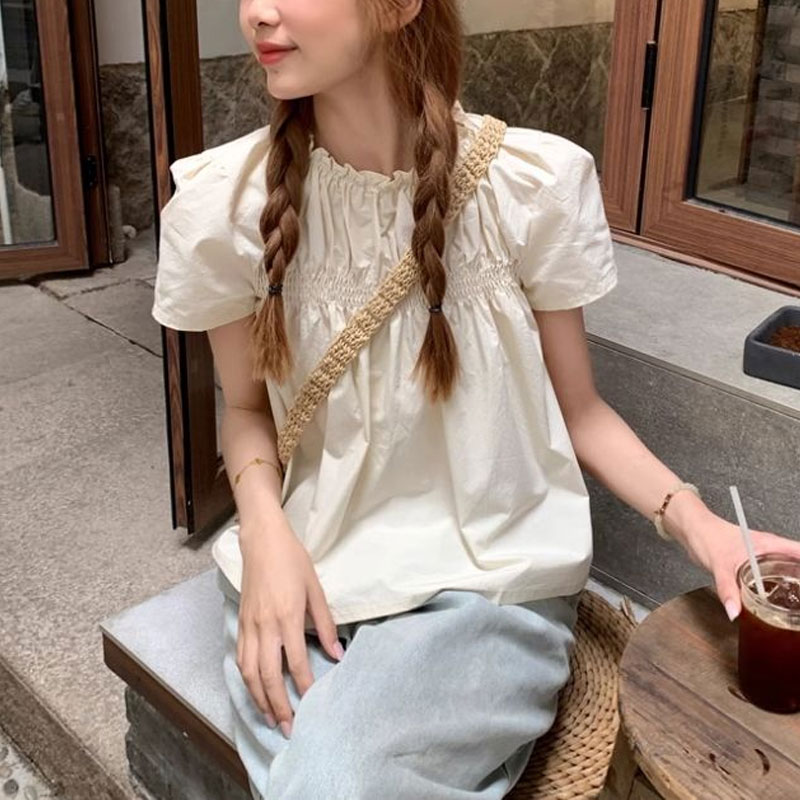 Shirring Solid Color Shirts Fe - Summer Clothing In French 评论和价格