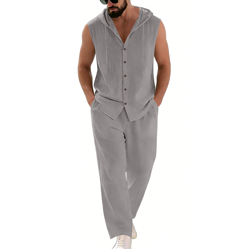 Men's Casual Linen Suit Hooded - Summer Clothing Sets Men 评论和价格