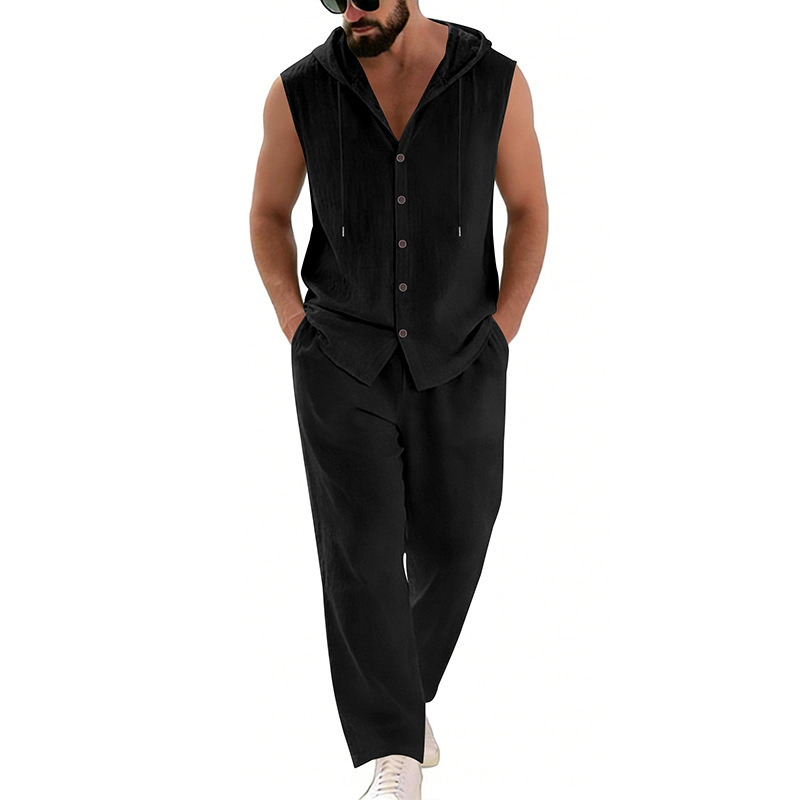 Men's Casual Linen Suit Hooded - Summer Clothing Sets Men 评论和价格