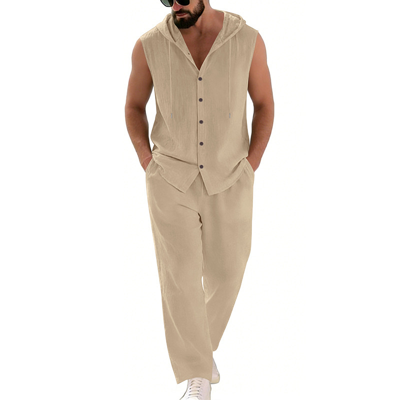 Men's Casual Linen Suit Hooded - Summer Clothing Sets Men 评论和价格