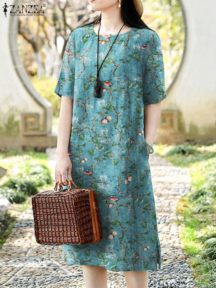 ZANZEA Vintage Floral Dress Wo - Sundress Midi Floral 评论和价格