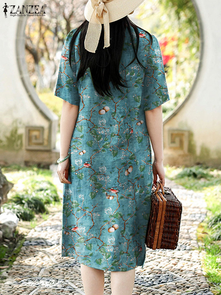ZANZEA Vintage Floral Dress Wo - Sundress Midi Floral 评论和价格