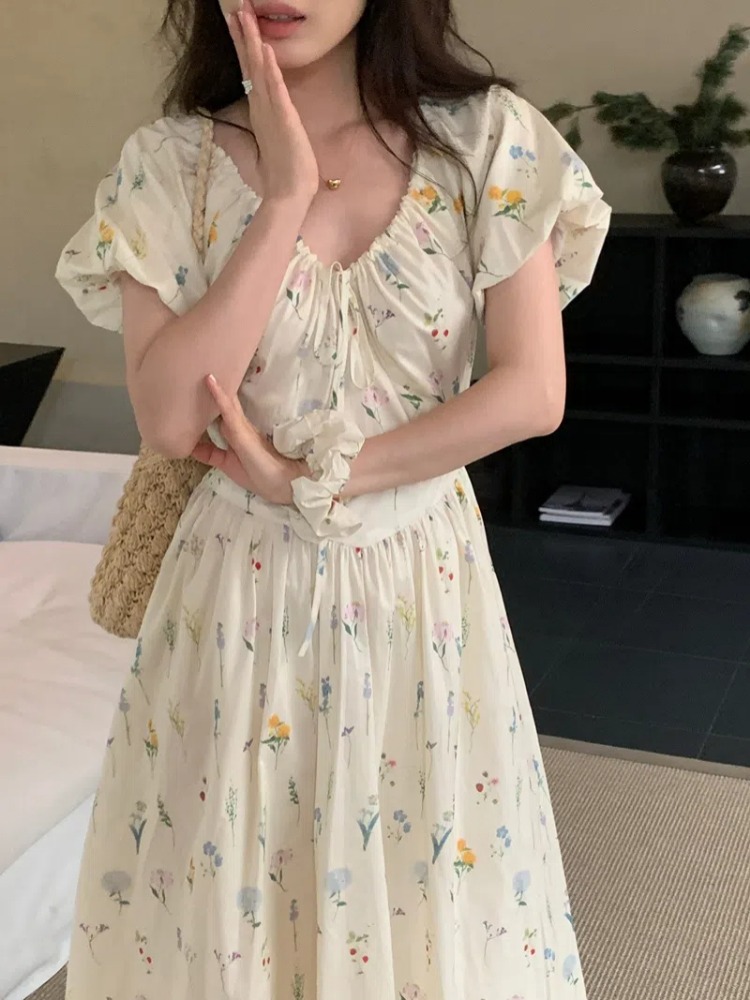 Vintage V Neck Puff Sleeve Lon - Sundress Midi Floral 评论和价格