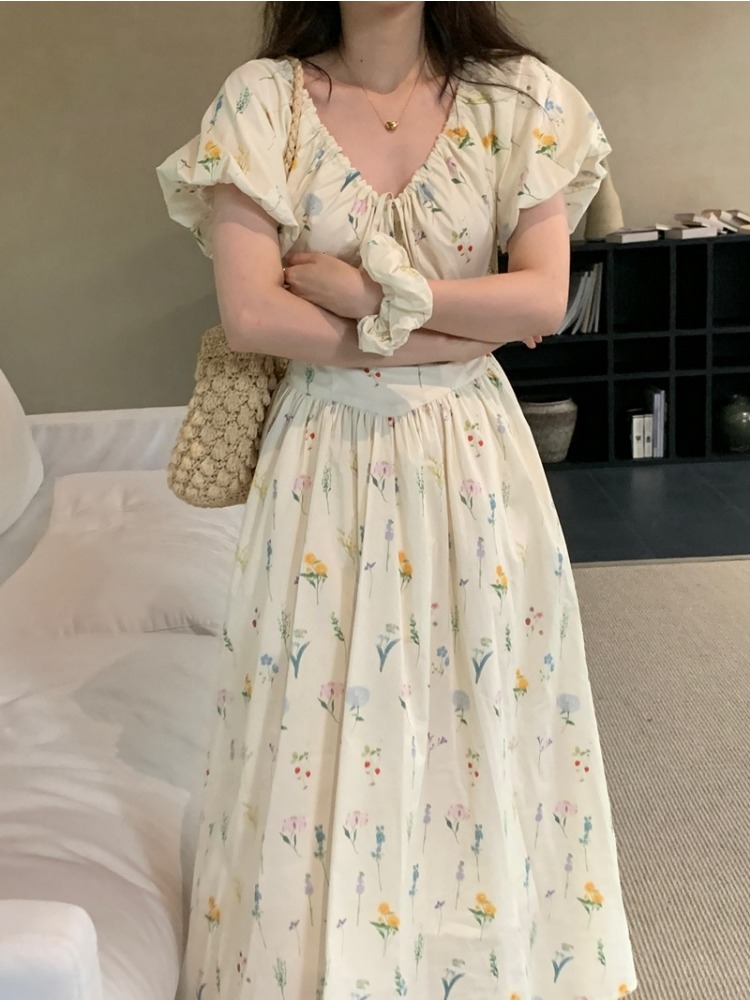 Vintage V Neck Puff Sleeve Lon - Sundress Midi Floral 评论和价格