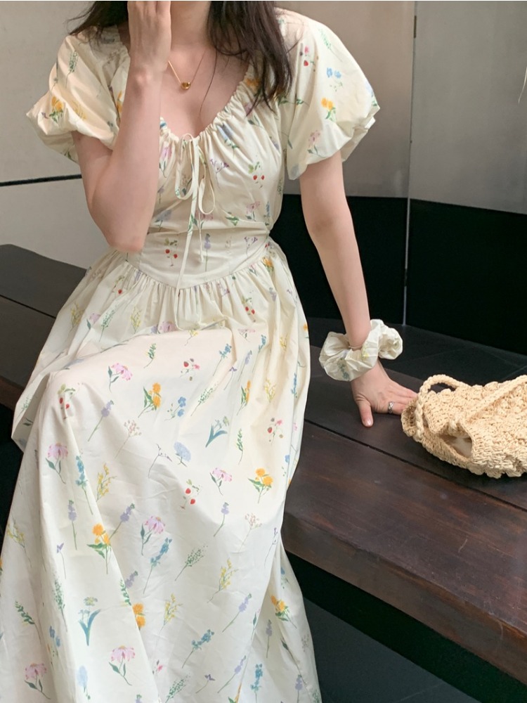 Vintage V Neck Puff Sleeve Lon - Sundress Midi Floral 评论和价格