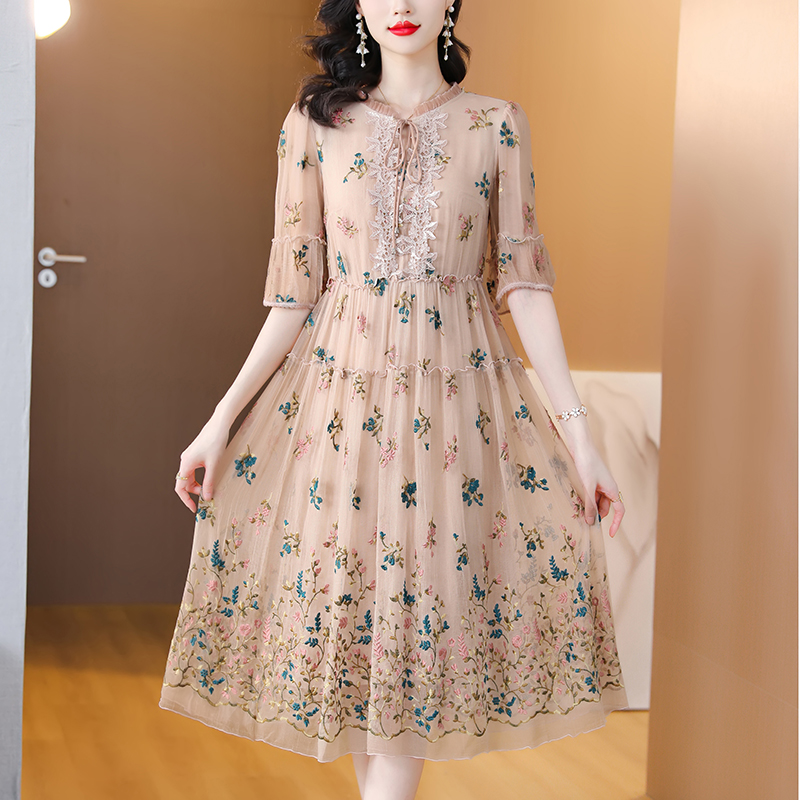 Women Floral Natural Silk Embr - Sundress Midi Floral 评论和价格
