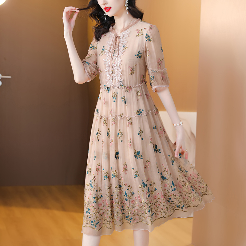 Women Floral Natural Silk Embr - Sundress Midi Floral 评论和价格