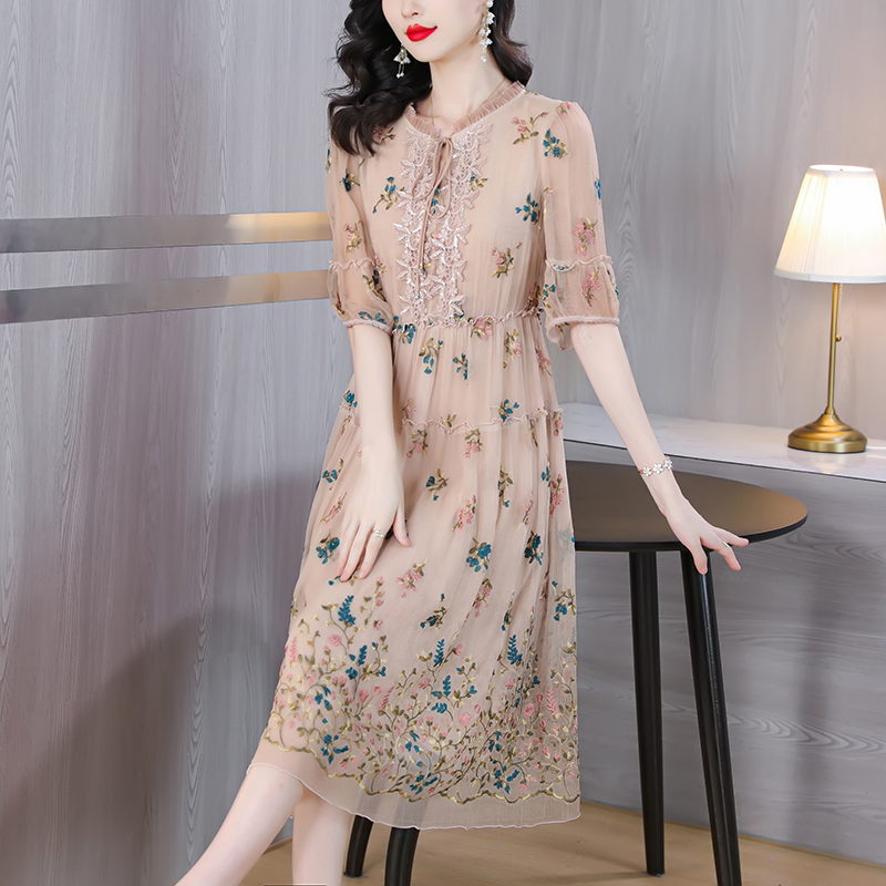 Women Floral Natural Silk Embr - Sundress Midi Floral 评论和价格