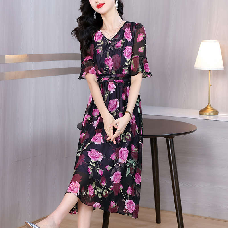 Women Boho Floral Chiffon V-Ne - Sundress Midi Floral 评论和价格