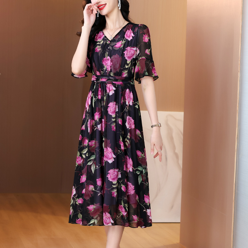 Women Boho Floral Chiffon V-Ne - Sundress Midi Floral 评论和价格