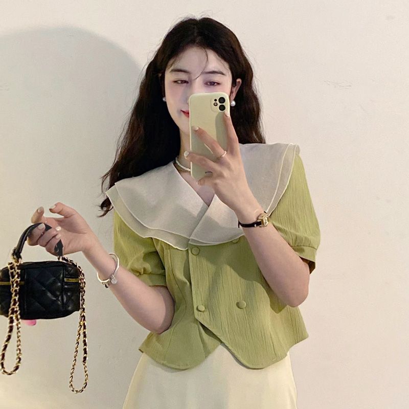 Contrast Patchwork Button Ruff - Summer Clothing Layering 评论和价格